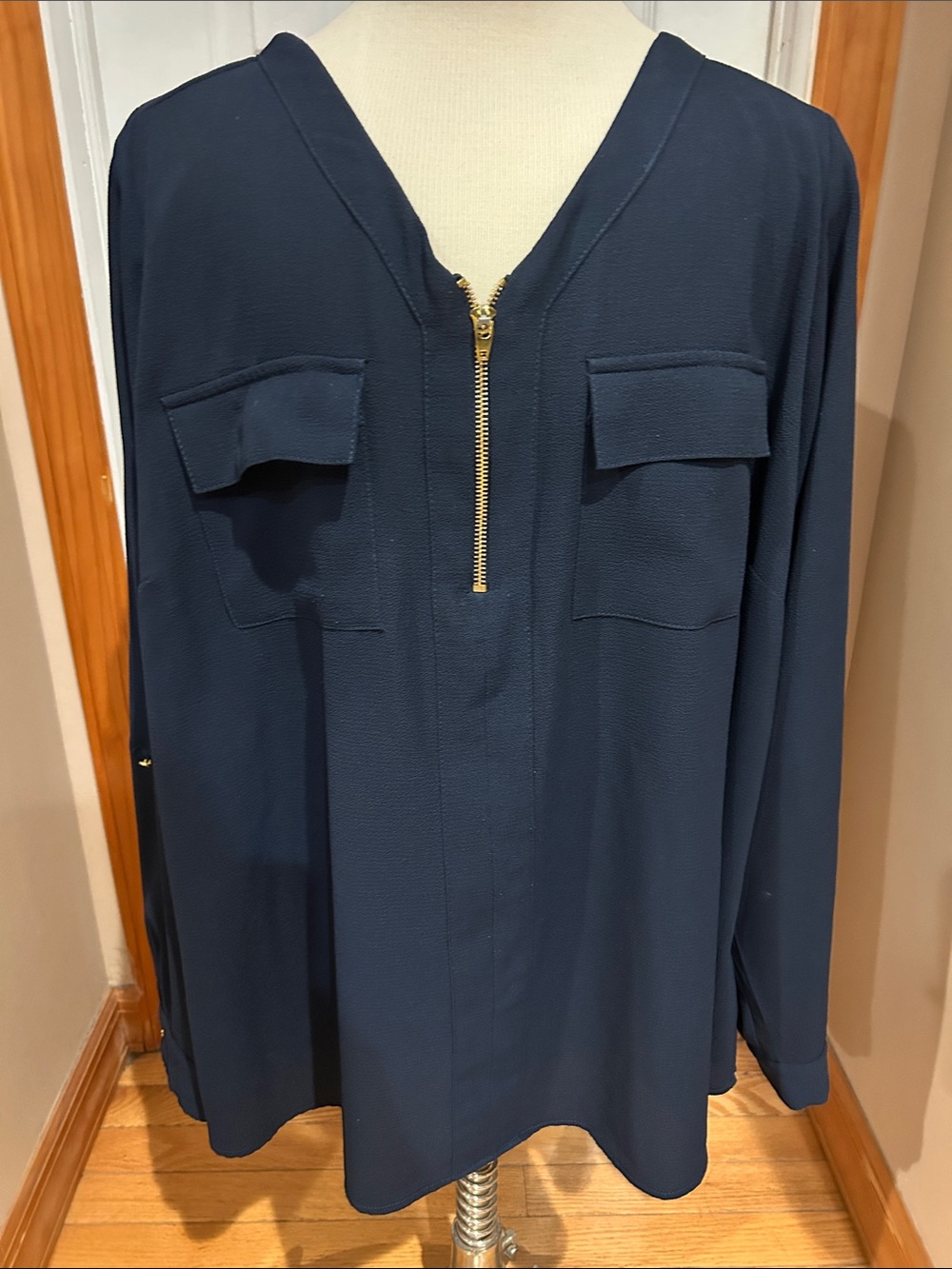 Roz & Ali Navy Long-Sleeve Shirt with Gold Zip